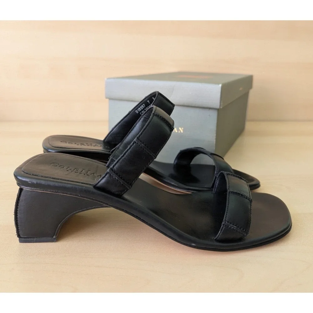 Vintage Cole Haan 90s Minimalisim Vtg‎ Black Leather Sandal Square w/ box